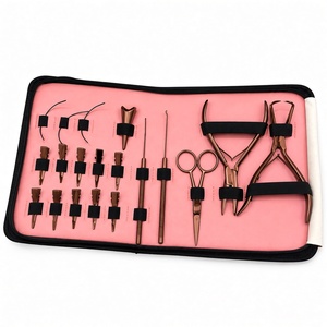 Kit d'outils professionnels pour extensions de cheveux OEM, pinces à micro-anneaux, aiguilles à crochet, ciseaux, étui à fermeture éclair blanc, usage en salon - Product Image 3