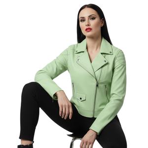 Chaqueta de Motociclista de Cuero Verde Claro para Mujer, Personalizada, al por Mayor, Directo de Fábrica, Cuero Genuino, Estilo Motero, Moda Femenina - Product Image 1