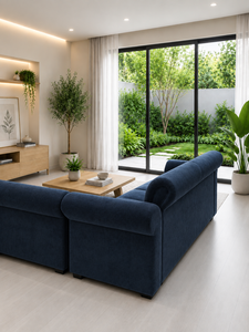 Canapé modulaire Emerald Origin avec ensemble bleu marine boutonné, dossier capitonné écologique, accoudoirs roulés, design contemporain pour salon d'appartement - Product Image 3