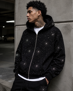 Sudadera con Capucha Negra para Hombre con Pedrería, Oversize, Casual, de Algodón Tejido, con Cremallera Frontal y Estampado de Estrellas, para Otoño - Product Image 4