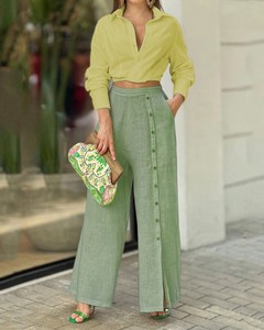 Women's Casual Eco-Friendly <b>Linen</b>/Cotton <b>Two</b>-<b>Piece</b> Set V-Neck Short Crop Top & Full-Length Loose Wide Leg Pants - Product Image 2