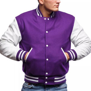 <b>Mens</b> purple Yellow Waterproof Knitted Varsity <b>Jacket</b> Hooded Contrast Sleeves Striped Collar Cuffs Hem Button Front Custom - Product Image 1