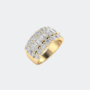 Anillo de declaración de triple fila con esmeraldas redondas de 4.30 quilates y diamantes mixtos, de oro de 14k, con diamantes cultivados en laboratorio de color D y claridad VVS, banda ancha para mujer. - Product Image 3