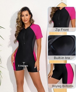 Women Short Sleeve Sports Bodysuit Black Pink Contrast Zip Front <b>Athletic</b> Jumpsuit - Product Image 5