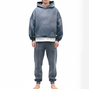 Vintage Streetwear Distressed Oversized Embroidery Hoodie And Sweatpants Track Suit Set Custom Acid Wash Tracksuits For Men - Product Image 1