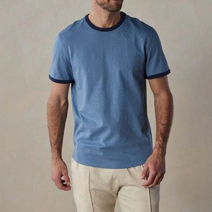Camiseta de Algodón de Manga Corta para Hombre, Corte Regular, Color Azul, con Ribete en Contraste, Cuello Redondo, Estilo Casual - Product Image 6