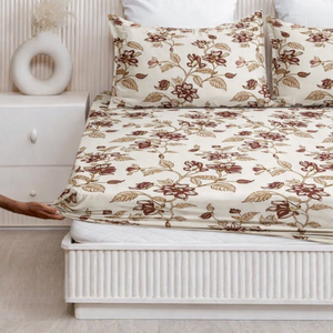 Juego de Sábanas Ajustables de Algodón con Estampado Floral en Color Crema Marrón, Transpirables, con Bolsillo Profundo Elástico, Resistentes a las Arrugas, para Decoración de Dormitorio - Product Image 1