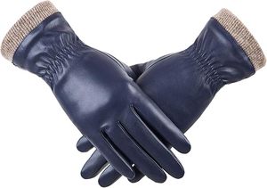 Guantes de Cuero Azul Marino para Mujer, Largos hasta la Muñeca, con Puño de Punto Térmico, Estilo Casual de Invierno, Lisos - Product Image 3