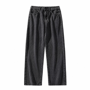 Jean mi-long en denim délavé couleur unie personnalisé pour homme – Coupe ample, style rétro, jambes larges, denim baggy de haute qualité - Product Image 1