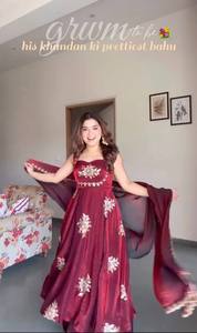 Robe Anarkali brodée marron, longue jusqu'au sol, avec dupatta, tenue traditionnelle indienne et pakistanaise pour femmes - Product Image 3