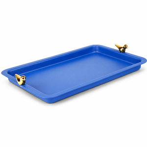 Plateau rectangulaire en métal bleu pour chocolats avec accent oiseau doré, accessoires personnalisables pour chocolats, tailles et couleurs sur mesure disponibles ici - Product Image 1