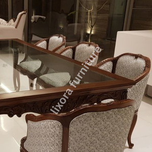 Juego de comedor de lujo de madera maciza artesanal para 8 personas con sillas ornamentadas talladas y acabado de madera maciza premium. - Product Image 3