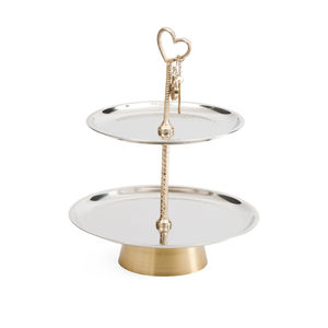 Élégant support à gâteau en métal doré à 2 niveaux avec poignée dorée, plateau de présentation décoratif rond pour desserts, idéal pour mariage, fête ou décoration intérieure - Product Image 1