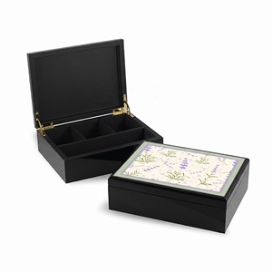 Caja de Joyería de Madera Negra Vintage Personalizada con Tapa y Divisores con Diseño de Lavanda, Vietnam - Product Image 1