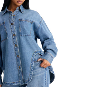 Custom Oversized Light Blue Casual Washed Comfortable Breathable Autumn Long sleeve <b>Shirts</b> for Women - Product Image 6