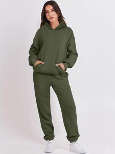 Women's Olive Green Eco-friendly 100% Cotton Hooded Tracksuit Set Full Sleeve Solid Color Casual Regular Fit <b>Sweatshirt</b> Pants - Product Image 3