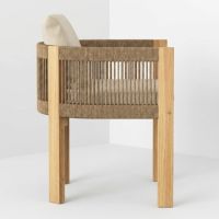 Fauteuil de salle à manger en bois massif avec dossier incurvé en corde, assise moderne de style côtier, pieds carrés, pour terrasse extérieure
