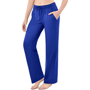 Pantalon pour femme violet à jambes larges, taille élastique avec cordon de serrage, coupe ample, longueur complète, pantalon de jogging décontracté avec poches, couleur unie - Product Image 4
