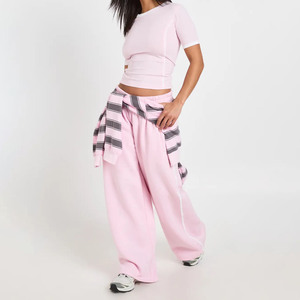 Custom Women's <b>Pink</b> Cotton Two Piece Set Casual Loose Fit <b>Tracksuit</b> With Pocket Full Length Pants And Short Sleeve Top Crew Neck - Product Image 3