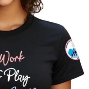 Women's Black Casual Graphic Tee with Colorful Let's Work Let's Play Let's Live Together Embroidered Lettering Short Sleeve - Product Image 3