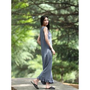 Vestido largo de lino y algodón para mujer, cuello en U, sin mangas, corte holgado, informal, cómodo, para verano y playa - Product Image 1