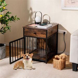 Black+Brown 2-in-1 Dog Crate End <b>Table</b> with Charging Station Chew Resistant <b>Metal</b> Tube Pet Furniture 25 L for <b>Small</b> Dogs - Product Image 5