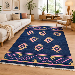 Tapis d'intérieur bleu marine en laine et jute, géométrique, style kilim, bohème, tribal du sud-ouest, tissé à la main, pour salon et ferme - Product Image 1