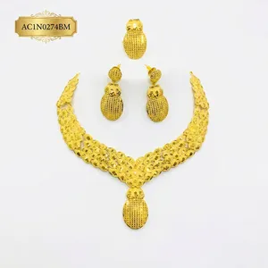 Vintage Gold Plated Brass Oval Floral Mesh Design Charm Necklaces Box <b>Chain</b> Jewelry set for African & Arabic Women's - Product Image 2