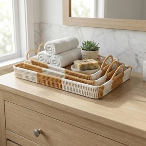 Rectangle Rattan Handwoven Tray Trio <b>Set</b> Perfect For Bathroom Vanity Organization Soap Perfume And Towels From India - Product Image 6