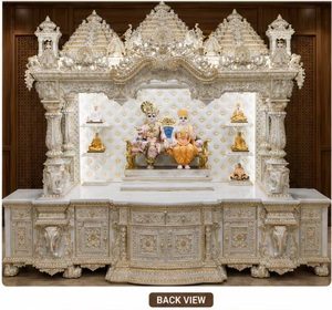 Mandir traditionnel en teck à l'aspect marbre, qualité supérieure, blanc et or, grande taille, sculpté à la main, Pooja Ghar en teck. - Product Image 6