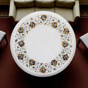 Mesa de centro de lujo con incrustaciones de mármol blanco y diseño floral de gemas, ideal como tocador. - Product Image 1