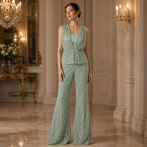 Luxury Sage Green Embroidered Co Ord Set for Women | Sleeveless Peplum Top and <b>Flared</b> Pants | Designer Party Wear Evening Outfit - Product Image 2