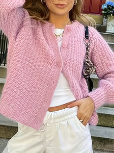 Cárdigan Corto de Punto Rosa para Mujer, Suéter de Manga Larga con Cuello Redondo y Botones al Frente, Ropa Casual de Otoño, 100% Acrílico, Hecho a Mano - Product Image 2