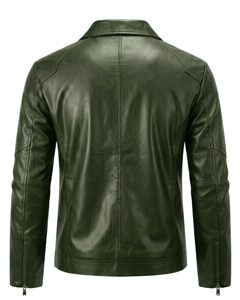 <b>Men's</b> Green Leather <b>Jacket</b> Turn-down Collar Zipper Closure Moto Biker Style Autumn Outerwear Slim Fit Regular Sleeve - Product Image 3