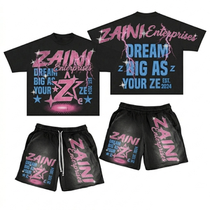 เสื้อยืดแขนสั้นเซ็ตผู้ชาย ZAINI 280 GSM ผ้าฝ้ายโพลีเอสเตอร์พรีเมียม ทรงโอเวอร์ไซส์ สีดำ ชมพู ฟ้า  ปักลายนูนแบบกำหนดเอง - Product Image 1