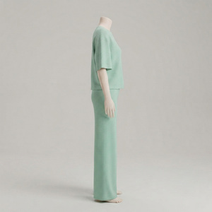 Ensemble de salon 2 pièces vert menthe pour femme, manches courtes, col classique, taille élastique, satin écologique, tenue décontractée, saison hiver - Product Image 2