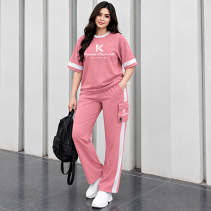 Khawaja Rafique Ullah Women's Pink 2 Piece Sporty Tracksuit Set Crew Neck Short Sleeve Loose Fit <b>All</b> Seasons Breathable Knitted - Product Image 2