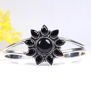 Wholesale 925 Sterling <b>Silver</b> Black Onyx Sunburst <b>Cuff</b> <b>Bracelet</b> Handcrafted Natural Gemstone Flower Bangle Jewelry for Women - Product Image 1