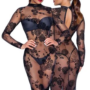 Vestido ajustado de malla floral negro para mujer, manga larga, cuello alto, transparente, para fiesta, sexy y a la moda - Product Image 1