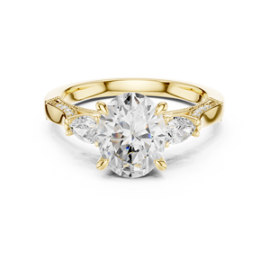 Bague de fiançailles vintage en or jaune avec trois diamants ovales de laboratoire et serti Milgrain pour femme - Product Image 1