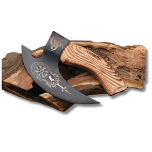 A&M Enterprises Handmade Ulu Style Pizza Cutter <b>Axe</b> with Black Finish Vegvisir and Deer Antler Etched Blade Curved Zebra <b>Wood</b> - Product Image 1