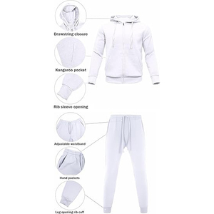 Ensemble de survêtement blanc à capuche pour homme, fermeture éclair intégrale, sweat-shirt et pantalon décontractés, couleur unie, coton, tenue d'automne, coupe classique - Product Image 2