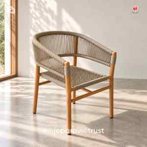 Fauteuil de salle à manger moderne en bois massif avec dossier incurvé et corde tressée, chaise en bois faite à la main pour restaurant, hôtel, villa, café, mobilier - Product Image 1