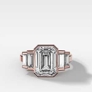 Emerald Cut Lab Grown Diamond Engagement Ring Art Deco Bar Bezel Wholesale 14K <b>Solid</b> Gold Custom 3 Carat 5 Stone Ring For Women - Product Image 3
