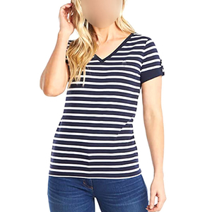 Camiseta de Mujer con Cuello en V y Rayas, Manga Corta, Informal, de Algodón, Precio al por Mayor, Camisetas de Mujer de la Más Alta Calidad en Oferta - Product Image 1