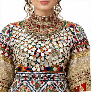 Vestido de novia tradicional de seda Lehenga Choli para mujer, largo hasta el suelo, bordado, estilo étnico, holgado, estilo afgano Kuchi. - Product Image 5