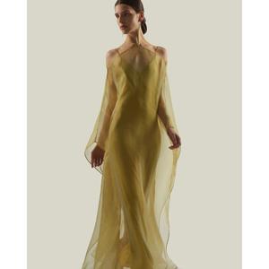 Robe de soirée élégante en coton/polyester vert, longueur cheville, coupe trapèze, sans manches, col en V, design asymétrique, haute qualité - Product Image 3