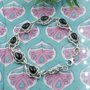 Natural Black Onyx <b>Gemstone</b> <b>Bracelet</b> Handmade 925 Sterling Silver Boho Teardrop Link Chain Jewelry Gift for Women Unisex Men Her - Product Image 4