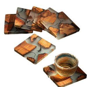 Sous-verres carrés modernes en bois avec incrustation de marbre, tapis et coussinets antidérapants - Product Image 3