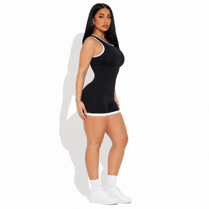 Vestido de tenis para mujer con cuello mandarín, sin mangas, cremallera frontal, falda acampanada, elástico deportivo, color liso, para cancha, con logo personalizado - Product Image 2